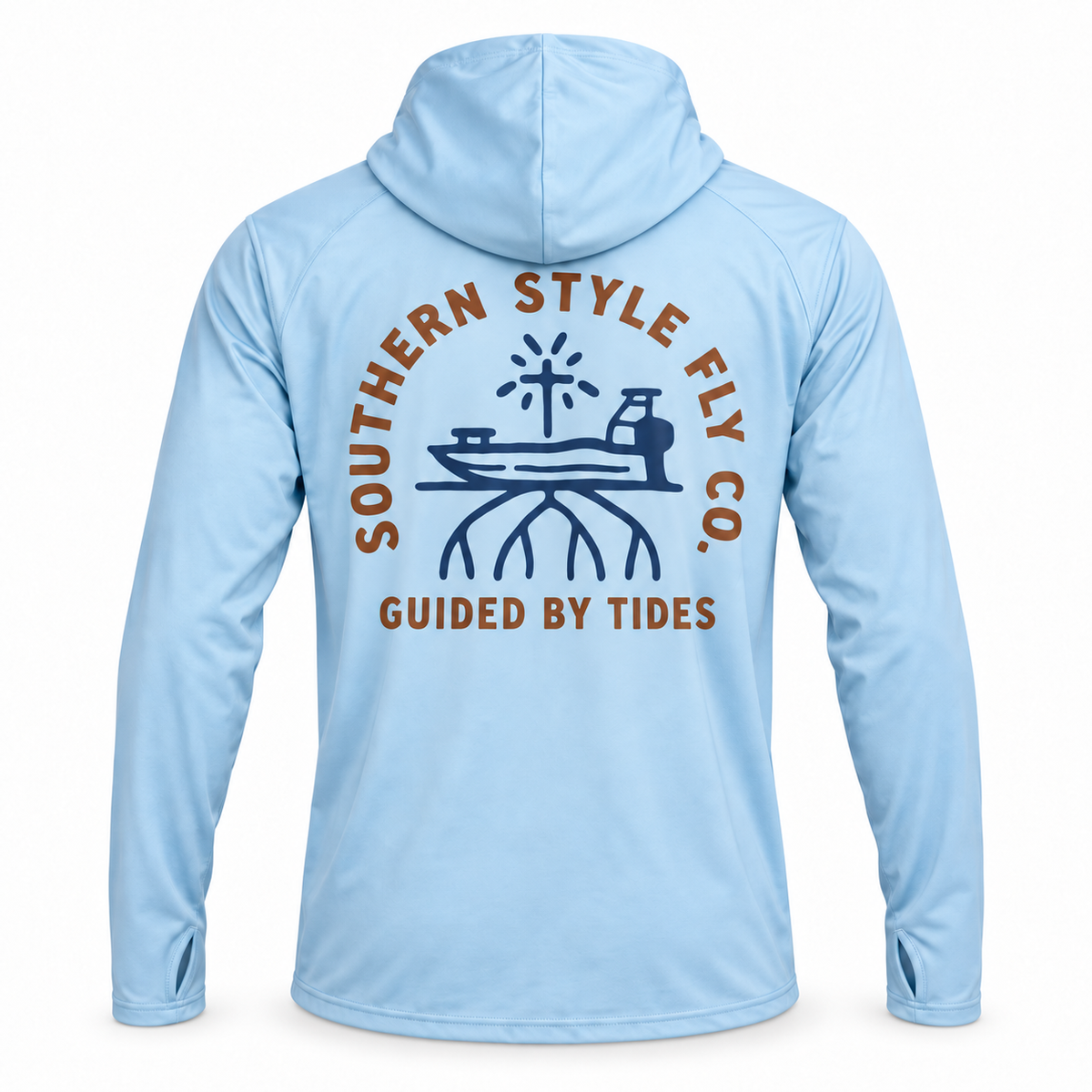 Back of the light blue Tidebound Tech Hoodie with Southern Style Fly Co. skiff graphic and Guided by Tides slogan