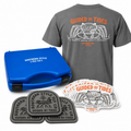Southern Style Summer Skiff Bundle featuring a charcoal Guided by Tides tee, blue Salt 10wt waterproof fly box, Guided by Tides fly pad, and Mangrove Crab sticker on a white background.