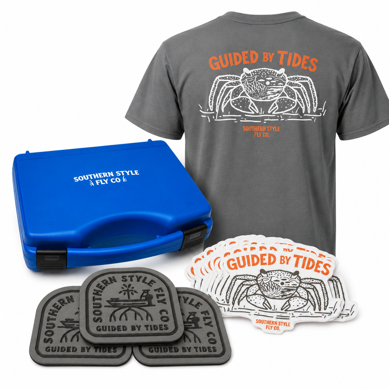 Southern Style Summer Skiff Bundle featuring a charcoal Guided by Tides tee, blue Salt 10wt waterproof fly box, Guided by Tides fly pad, and Mangrove Crab sticker on a white background.