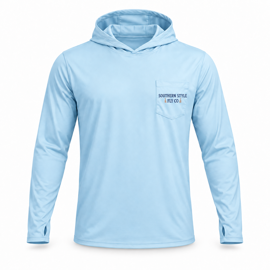 Light blue Tidebound Tech Hoodie with a hood, thumbholes and Southern Style Fly Co. chest-pocket logo