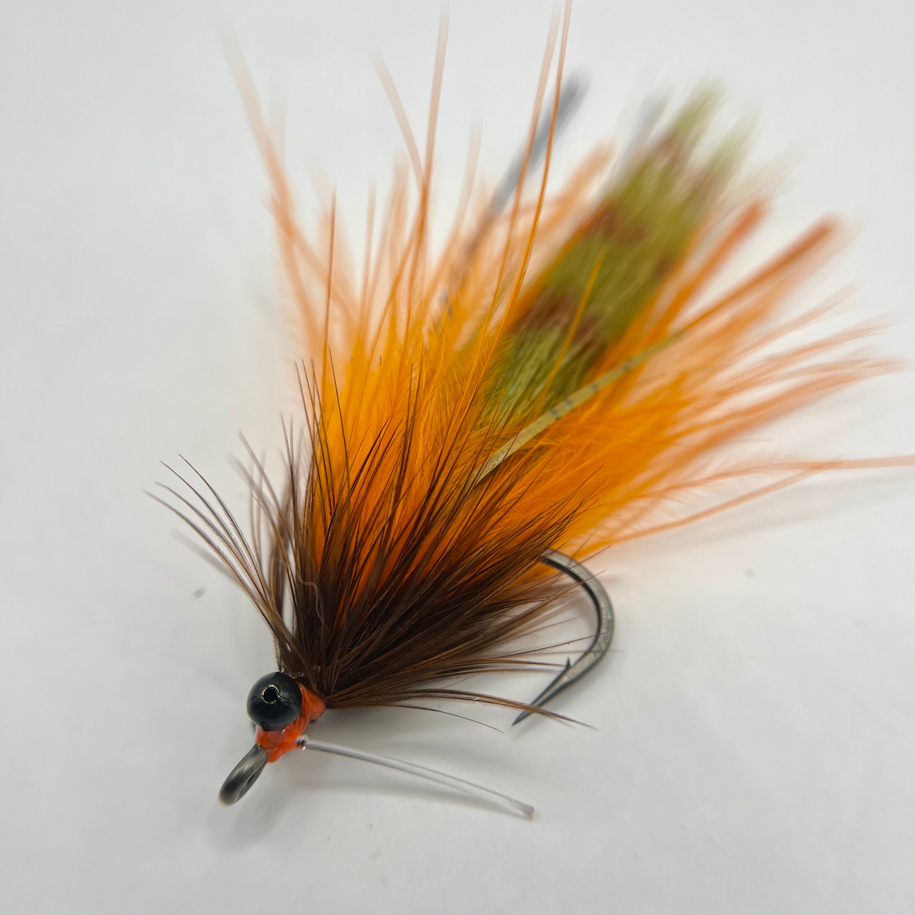 Close-up macro of the orange-brown Stalker Shrimp fly highlighting contrast coloration, lifelike appendages, and movement-rich profile.
