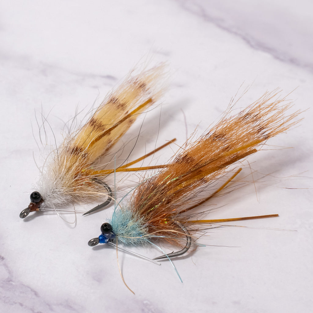 Longhorn Shrimp saltwater fly in two color options tied on a size 2 Mustad Heritage Tarpon Streamer Hook for snook and redfish.