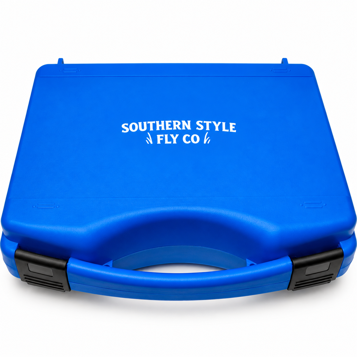 Large blue Southern Style Fly Co Salt 10WT fly box with dual snap latches and deep foam storage designed to hold over 200 large saltwater flies.