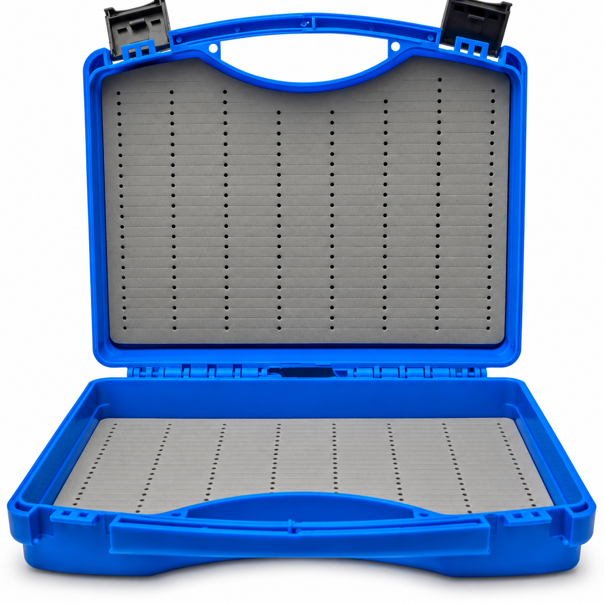 Large blue Southern Style Fly Co Salt 10WT fly box with dual snap latches and deep foam storage designed to hold over 200 large saltwater flies.