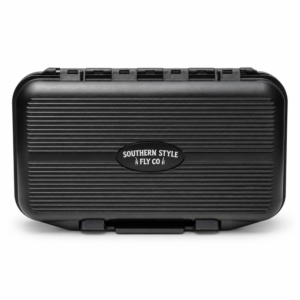 Black hard-shell waterproof fly box labeled Southern Style Fly Co designed for saltwater flies with compact size and durable build