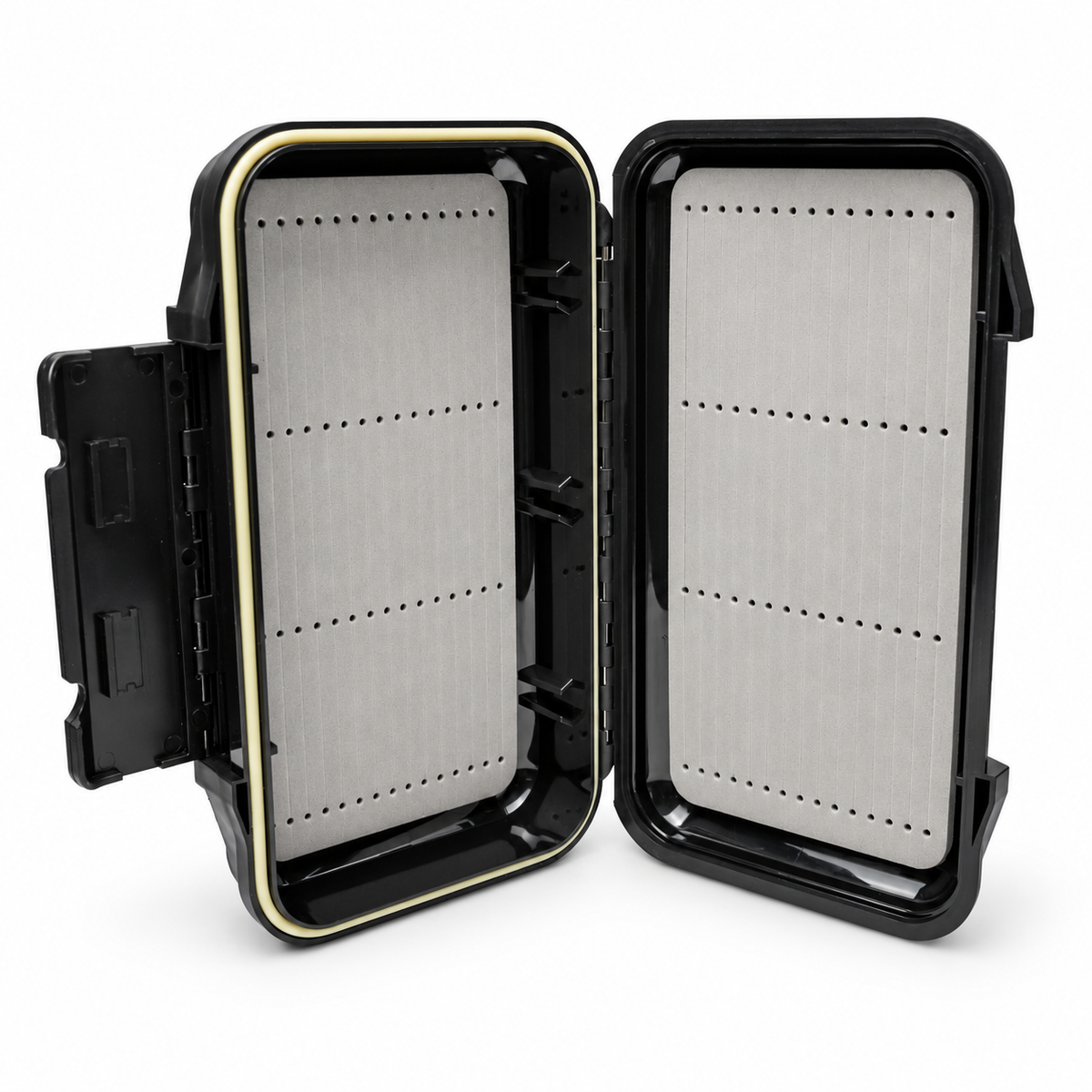 Black hard-shell waterproof fly box with foam slots for saltwater flies with compact size and durable build