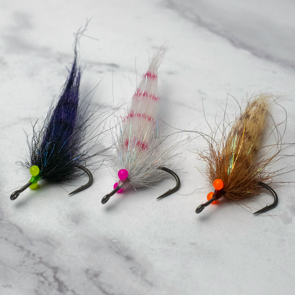 Sawgrass Shrimp fly patterns in multiple color variations designed for juvenile tarpon and snook in shallow backcountry water.