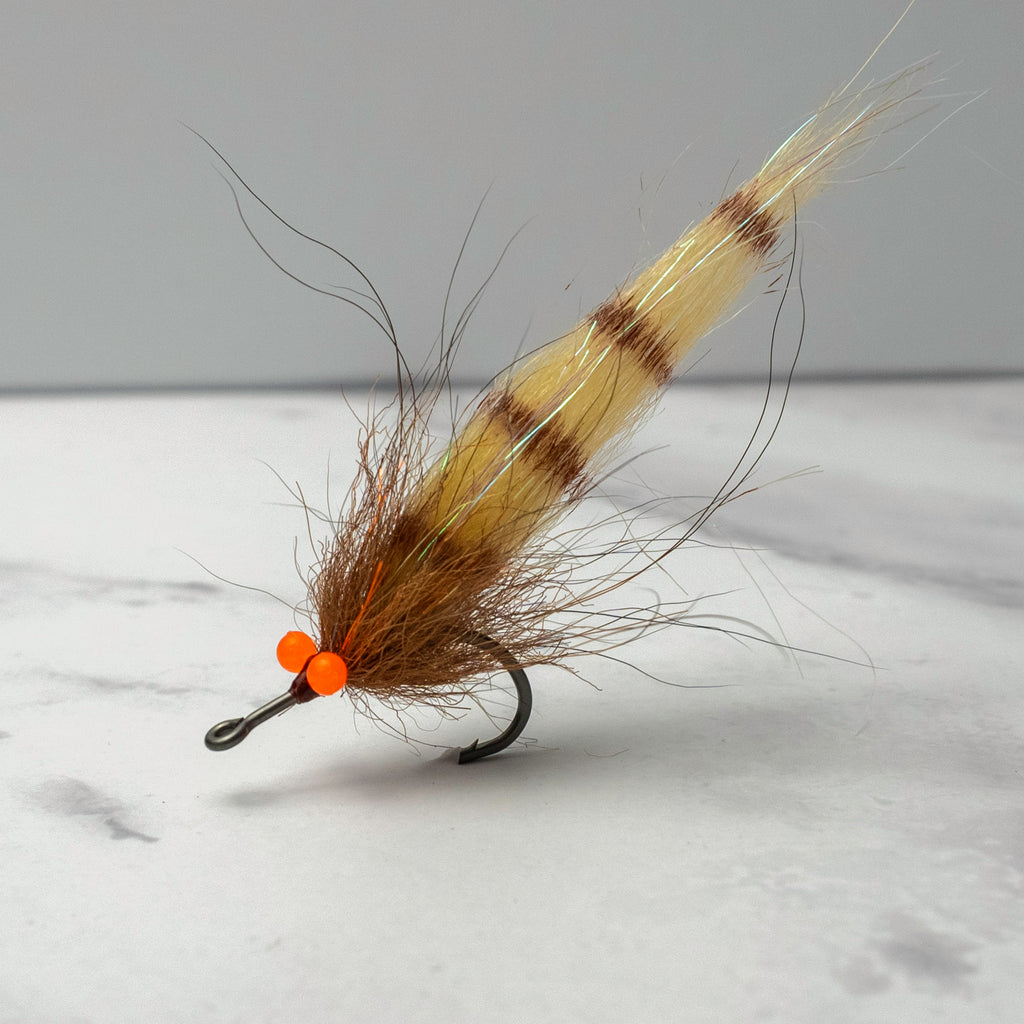 Tan and brown Sawgrass Shrimp fly tied on a Size 2 Tarpon Streamer Hook for mangrove snook and juvenile tarpon fishing.