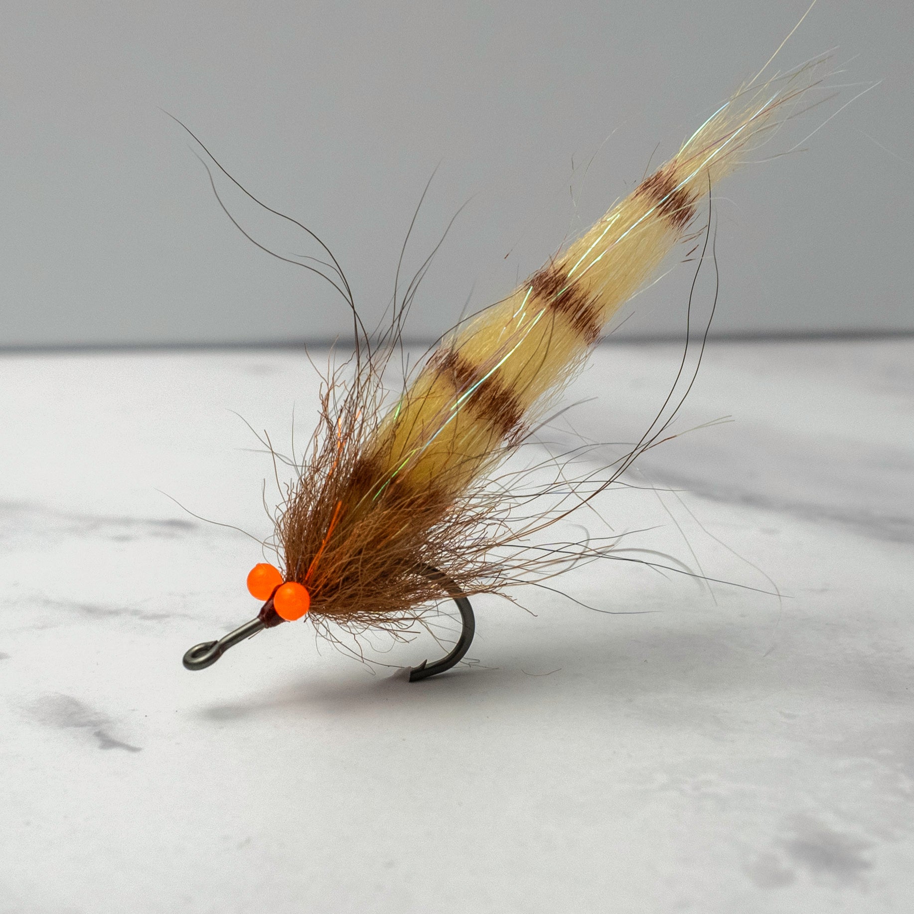 Tan and brown Sawgrass Shrimp fly tied on a Size 2 Tarpon Streamer Hook for mangrove snook and juvenile tarpon fishing.