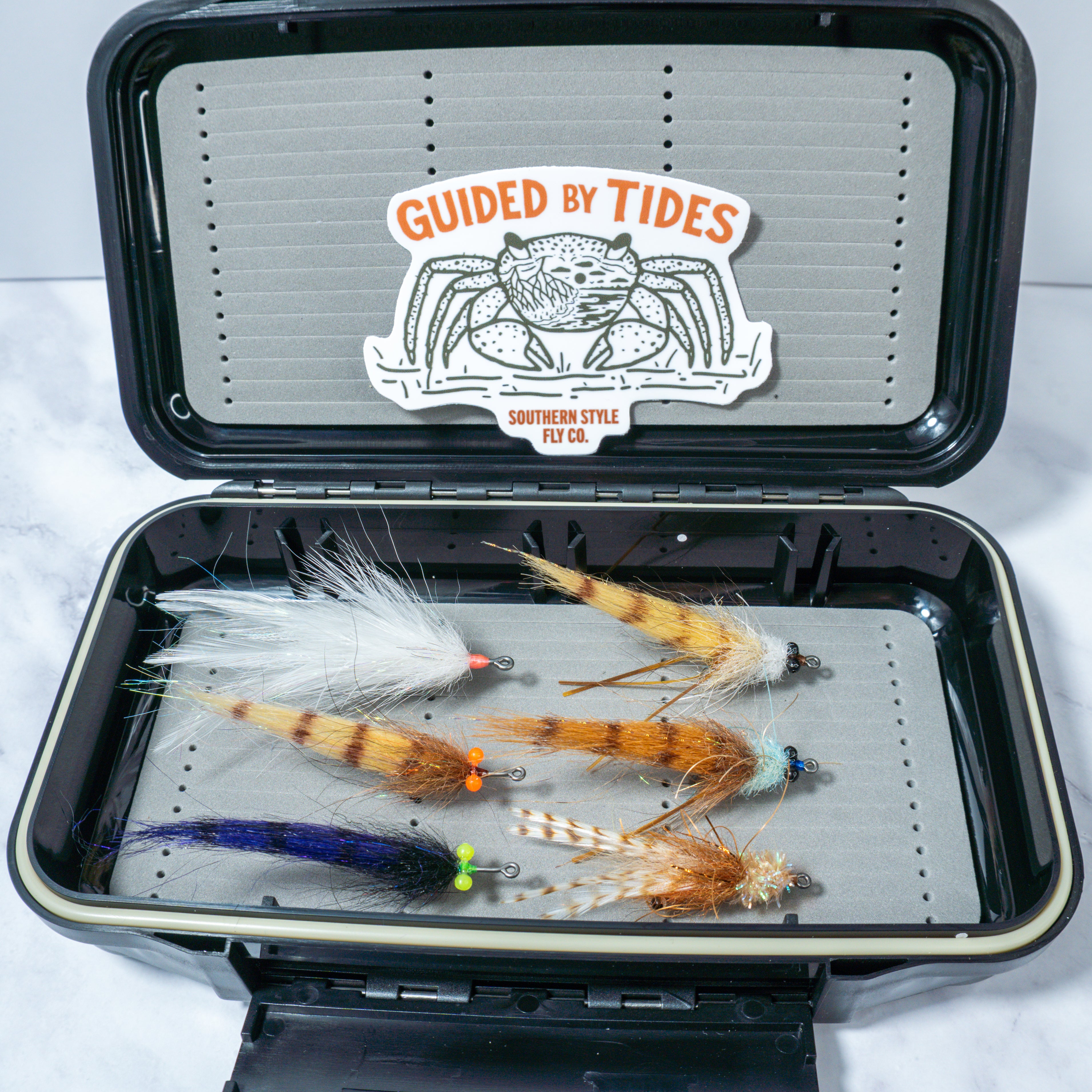 Snook Confidence Pack featuring six hand-tied saltwater flies organized inside a waterproof Salt 8wt fly box by Southern Style Fly Co.