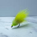 Chartreuse South Bounder tarpon fly with flowing baitfish profile tied on a black Size 1/0 Mustad Big Game Hook for tarpon and inshore predators.
