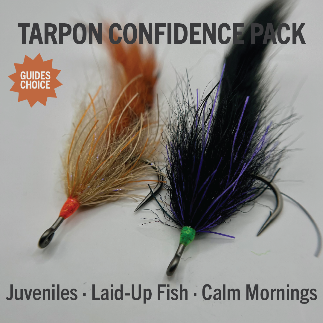Two baitfish style tarpon flies in tan orange and black purple with large hooks, labeled Tarpon Confidence Pack with Guides Choice badge and text Juveniles Laid Up Fish Calm Mornings.