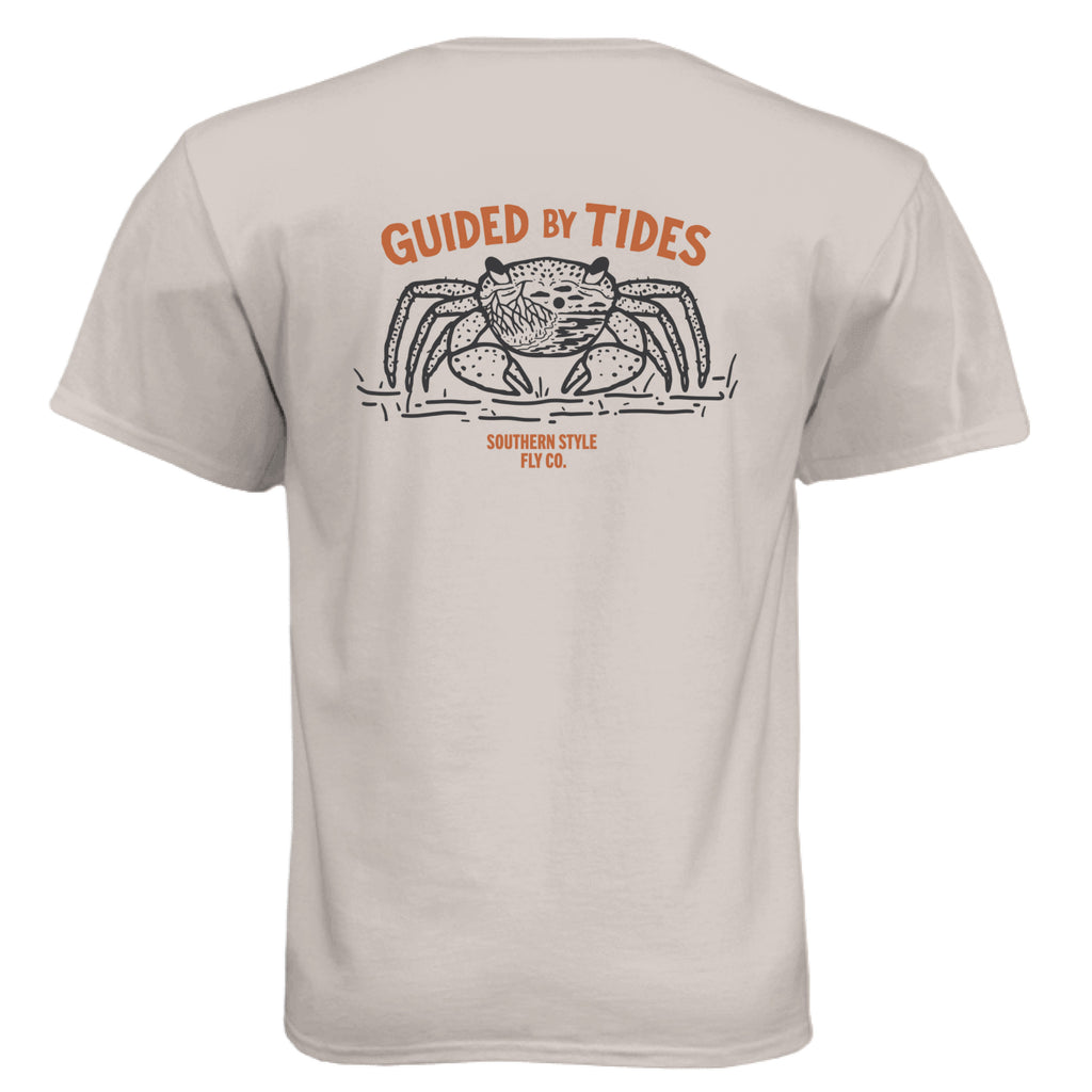 Silk “Guided by Tides” t-shirt back view with large crab graphic and Southern Style Fly branding, summer collection shirt