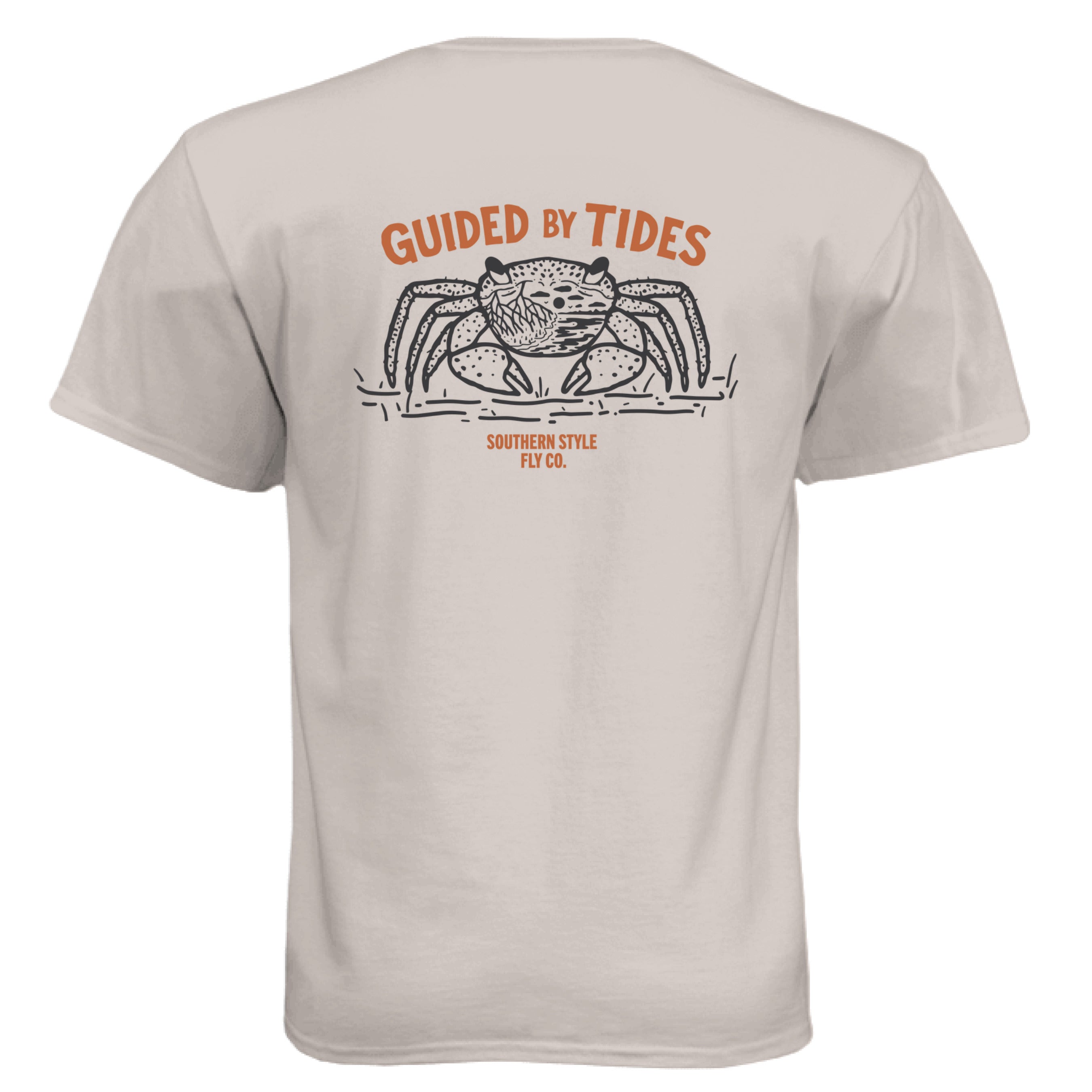 Silk “Guided by Tides” t-shirt back view with large crab graphic and Southern Style Fly branding, summer collection shirt