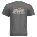 Charcoal “Guided by Tides” t-shirt back view with large crab graphic and Southern Style Fly branding, summer collection shirt