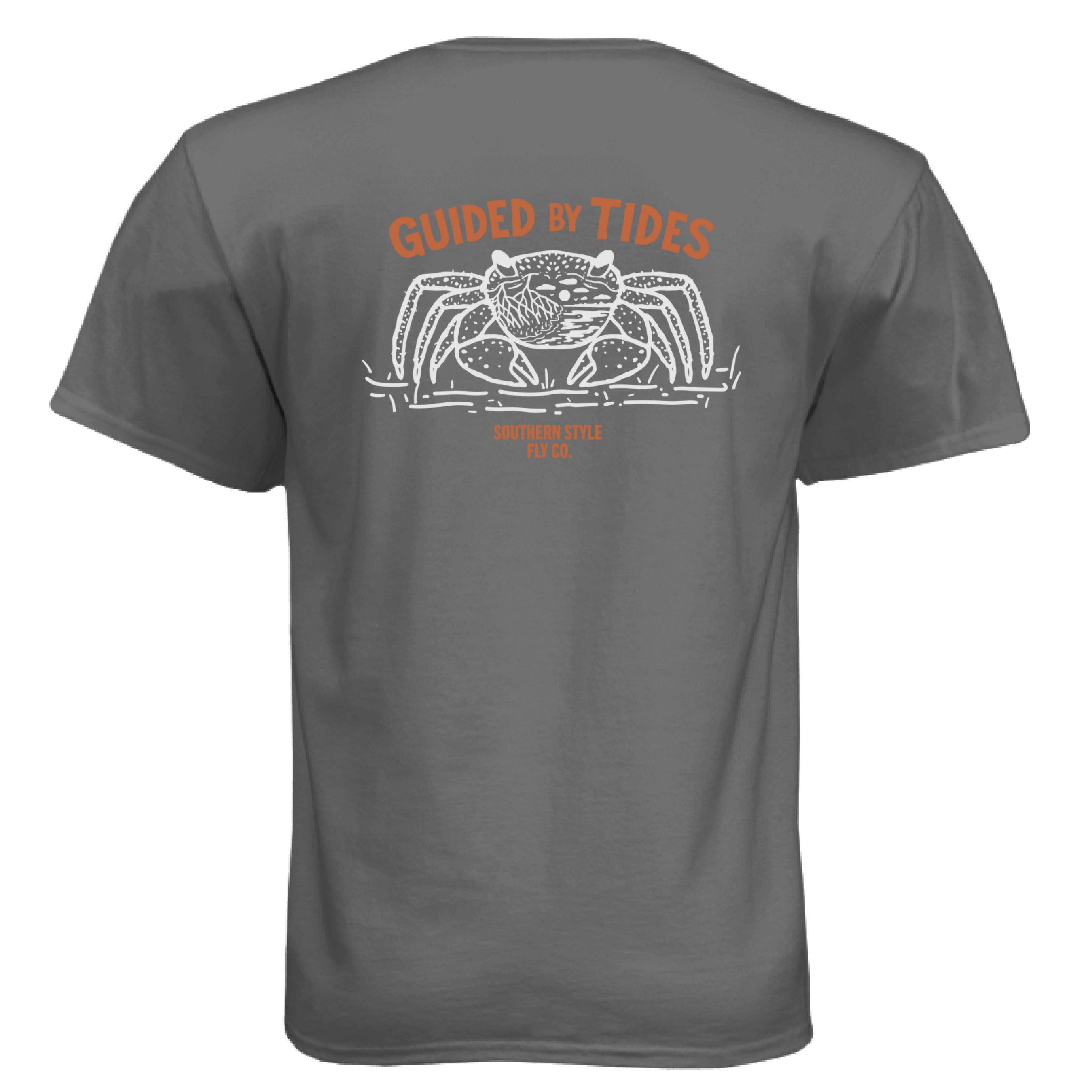 Charcoal “Guided by Tides” t-shirt back view with large crab graphic and Southern Style Fly branding, summer collection shirt