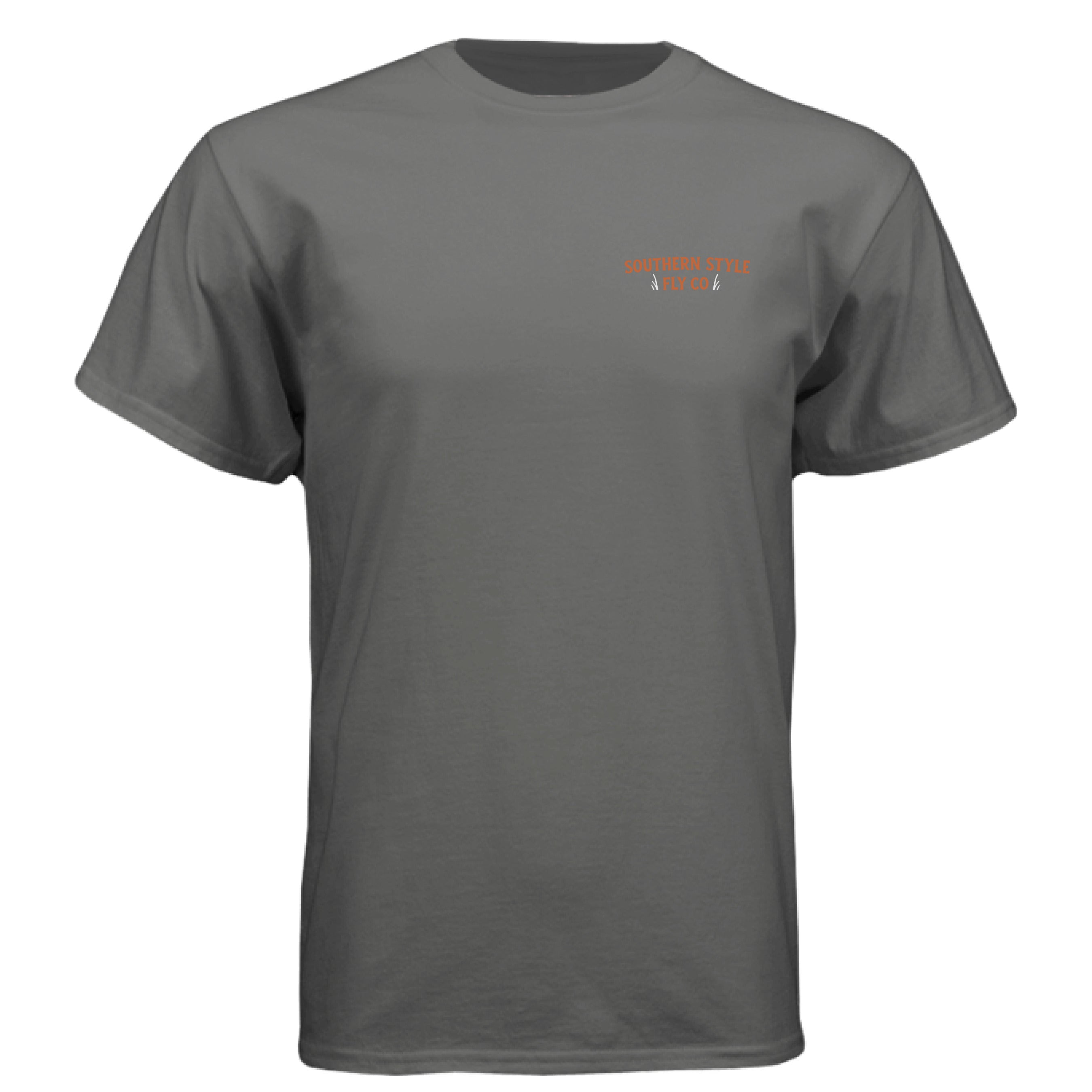 Charcoal Southern Style Fly t-shirt front view with small chest logo, lightweight summer shirt